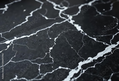 Close-up of honed black marble countertop with polished whetstone, nature-inspired texture, black marble, veining