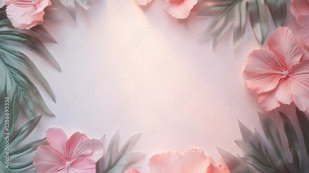Naklejka premium tropical floral photo frame in soft pastel colors, featuring flowers and leaves. Perfect for designing invitations, flyers, or posters with space to add your own message or details.