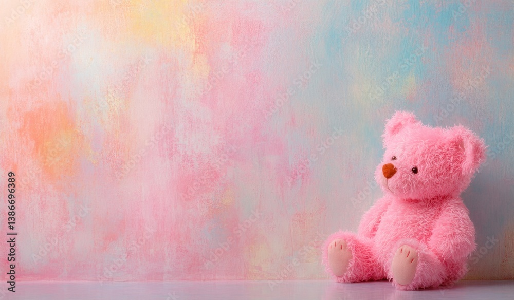 Fototapeta premium Pink Teddy Bear Sitting Against Pastel Colored Wall for Children