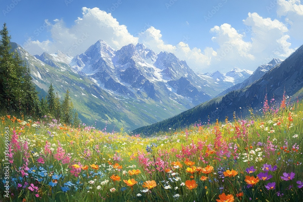 Fototapeta premium Alpine Landscape with Majestic Mountains and Colorful Wildflowers