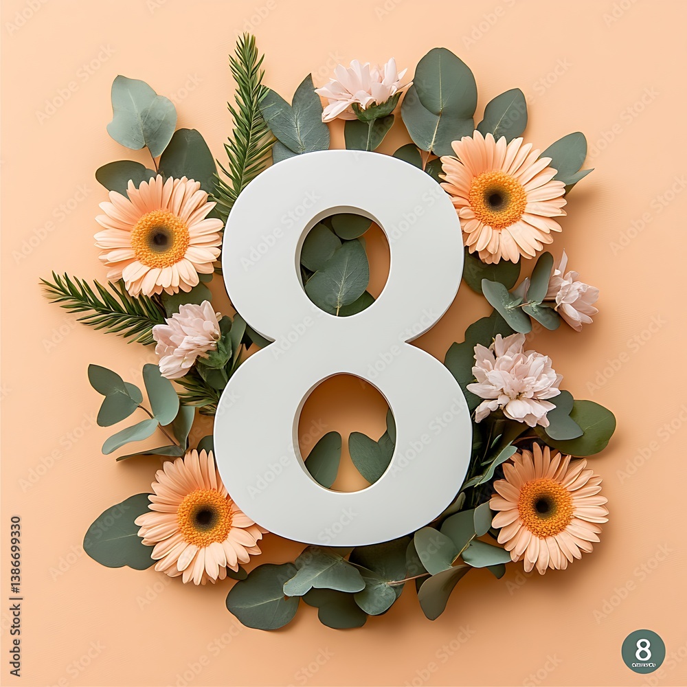 Floral Number 8 on Peach Background