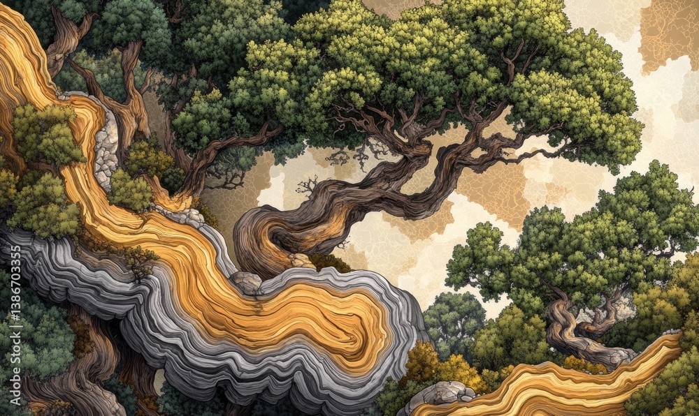 Naklejka premium Ancient Bonsai Tree on Rocky Cliff, Misty Mountain Background, Nature Illustration
