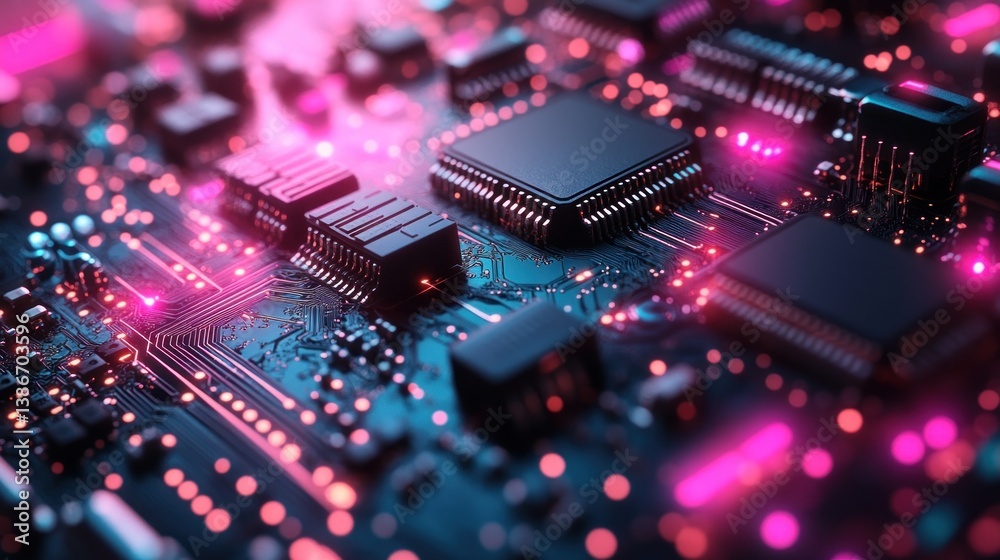 Obraz premium Close-up of a circuit board with processors and glowing components.