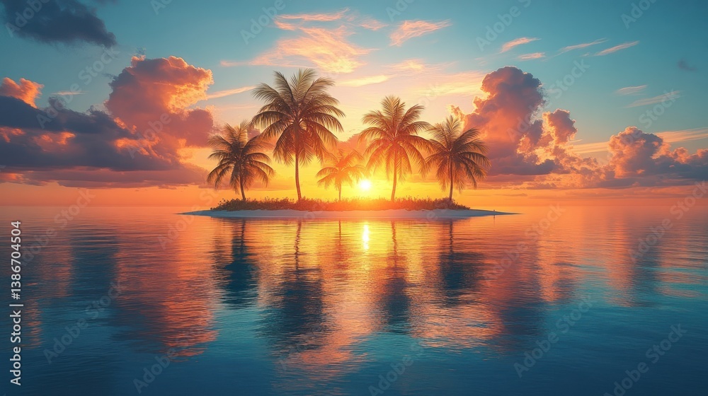 Idyllic tropical island sunset with palm trees reflected in calm ocean water. (1) Idyllic tropical island sunset with palm trees reflected in calm ocean water. (1)