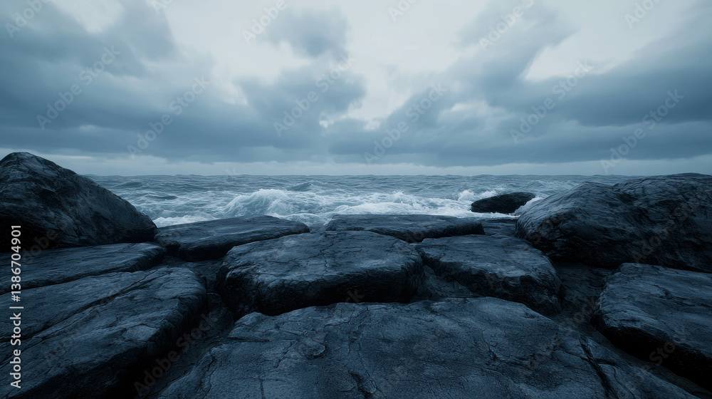 Obraz premium Dramatic Coastal Scene with Dark Rocks and Turbulent Waves under Gloomy Sky