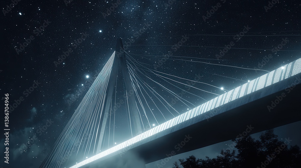Obraz premium modern steel cable bridge lit by soft white lights, standing out against a dark, starry night sky.