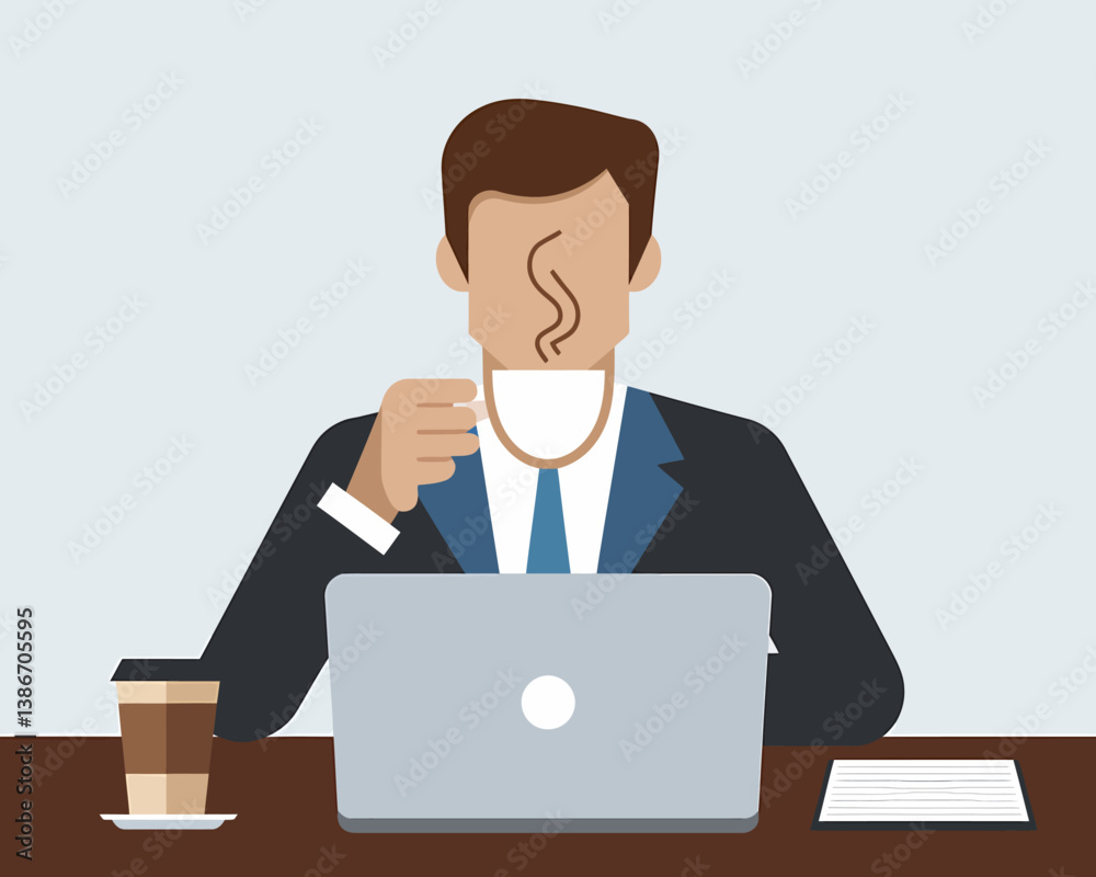 Businessman enjoying coffee break at desk working on laptop. Flat vector illustration of professional at work Businessman enjoying coffee break at desk working on laptop. Flat vector illustration of professional at work