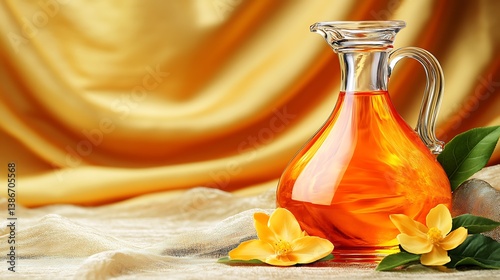 Obraz na płótnie Floral Oil Decanter on Gold Fabric w salonie