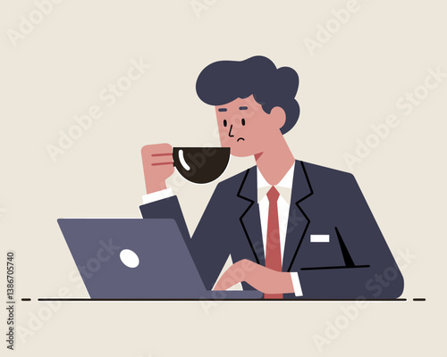 Animated Businessman Working on Laptop with Coffee: Modern Flat Vector Character Illustration for Work and Relaxation Concepts