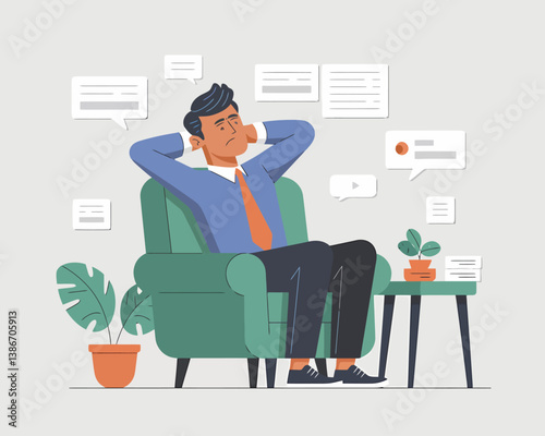 Overwhelmed Businessman Sitting in Chair with Too Many Notifications, Flat Design Illustration