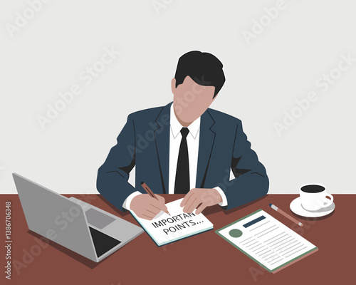 Business Professional Taking Notes, Laptop, Coffee - Important Points, Office Illustration