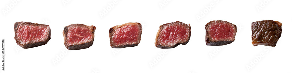 Fototapeta premium A series of meat cubes showcasing different textures and colors, emphasizing their rich red hues and varied marbling.