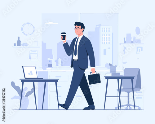 Stylish Businessman Walking with Coffee in Office - Morning Routine