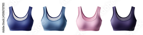 A collection of four colorful sports bras in varying shades, showcasing different colors and styles.