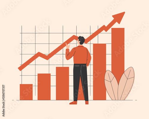 Successful Business Growth: Man Analyzing Ascending Chart & Bar Graph, Vector Illustration for Financial Planning & Investment Progress