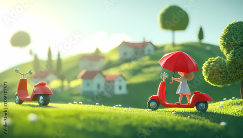 Whimsical scooter adventure in summer sunshine: A charming animated scene of a joyful girl riding a red scooter under a vibrant umbrella on a sunny day, with another scooter parked nearby.