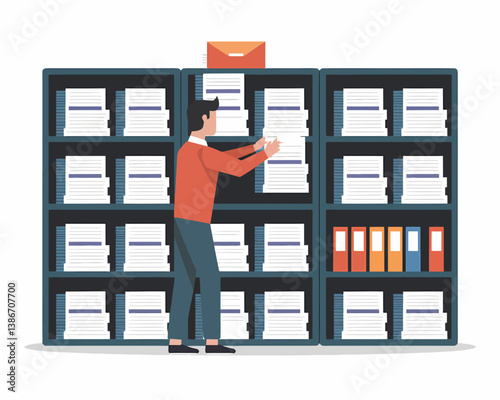Organizing Files: Man Arranging Documents in a Shelf-Filled Archive for Effective Data Management and Storage
