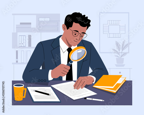 Detailed inspection: A professional man analyzes documents with a magnifying glass in a modern office setting.