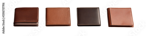 A collection of four distinct leather wallets showcasing various textures and colors.