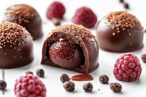 Photography Close-up Decadent chocolate truffles with raspberry filling and berry garnish on white background