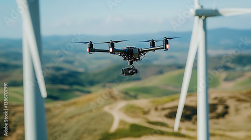 A drone performing aerial inspections on a wind turbine farm, wind farm with drones hovering over turbines and digital inspection tools, High-tech style