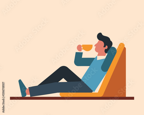 Relaxed Man Drinking Coffee While Leaning Back: Minimalist Illustration of Leisure and Comfort