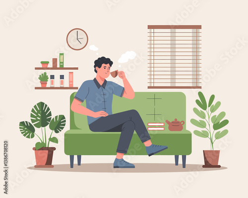 Man Relaxing at Home with Tea, Vector Illustration of Calm Indoor Scene