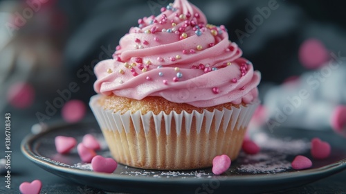A beautifully decorated cupcake with pink frosting and sprinkles. Featuring sweetness and celebration
