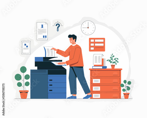 Man using multifunction printer in office. Worker is making copies of documents or printing important papers with copier machine