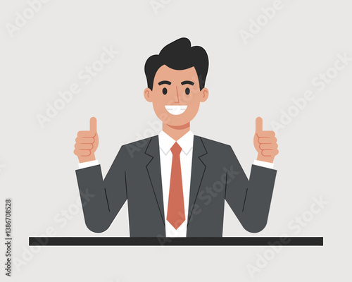 Smiling Businessman Gives Two Thumbs Up Illustration. Corporate Professional Showing Approval and Success