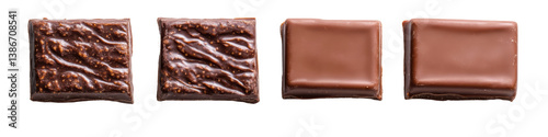 A close-up of chocolate squares showcasing different textures and finishes, highlighting their rich color and surface details.