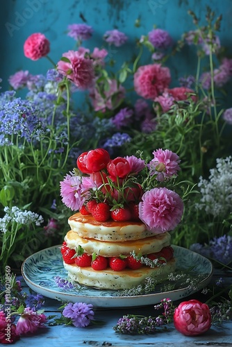 Floral Pancake Stack Garden Scene