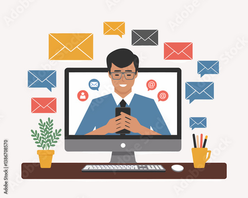 Email Communication: Business Man Using Mobile Phone on Computer for Online Communication, Sending and Receiving Messages.