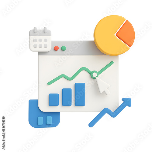 3D SEO data graph PNG icon isolated on transparent background – bar chart, calendar, pie graph and growth arrow for analytics interface.
