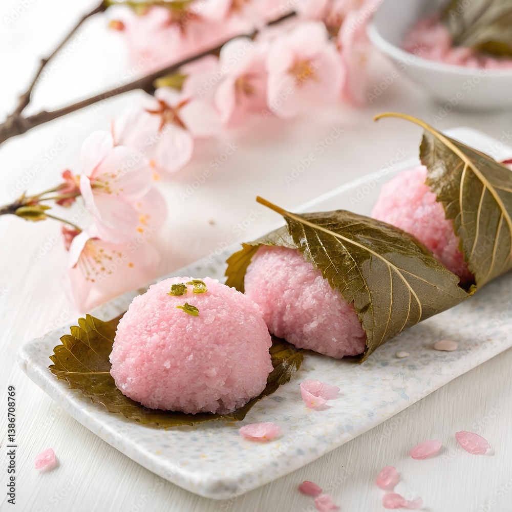 Pink Sakura Mochi, Japanese Spring Dessert, Cherry Blossom Treat, Sweet Rice Cake, Leaf Wrapped Mochi, Festive Asian Confection, Delicate Pink Sweets Pink Sakura Mochi, Japanese Spring Dessert, Cherry Blossom Treat, Sweet Rice Cake, Leaf Wrapped Mochi, Festive Asian Confection, Delicate Pink Sweets