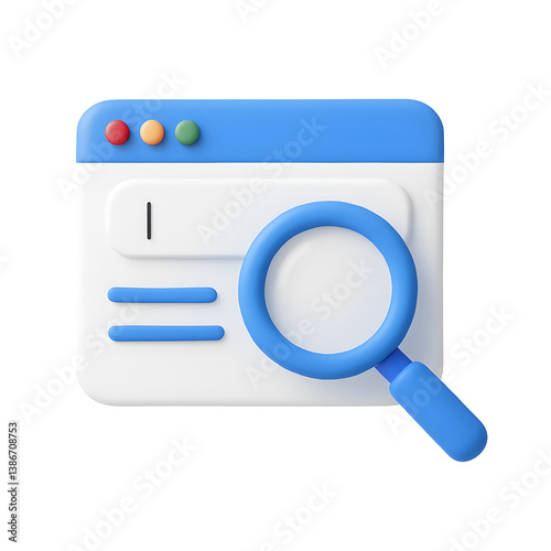 3D search window PNG icon isolated on transparent background – magnifying glass over browser for online searching concept.
