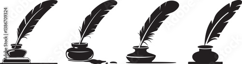Four Simple Black and White Quill and Inkwell Illustrations