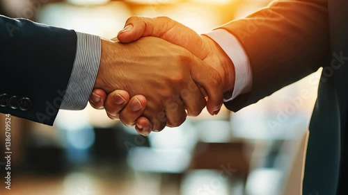 Business professionals engage in a handshake to seal a deal during a meeting in a modern office setting