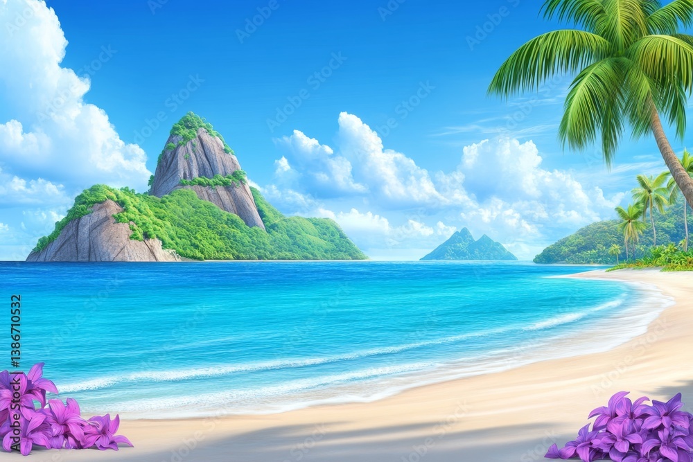 Fototapeta premium A 3D-rendered animated version of Maracas Beach, with exaggerated tropical colors and textures