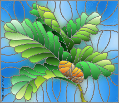 The illustration in stained glass style painting with a branch of oak leaves and acorns on a blue background