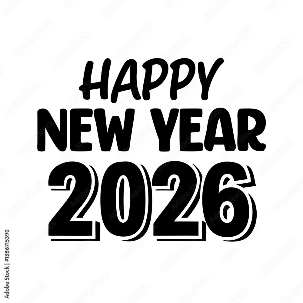 Happy New Year 2026 text design vector on white background.Happy New Year 2026 - Stylish Typography Design.A bold, stylish graphic design featuring the text Happy New Year 2026 text design vector on white background.Happy New Year 2026 - Stylish Typography Design.A bold, stylish graphic design featuring the text
