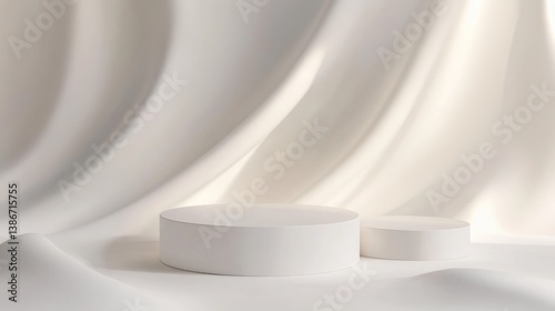 White product display podiums draped by smooth fabric