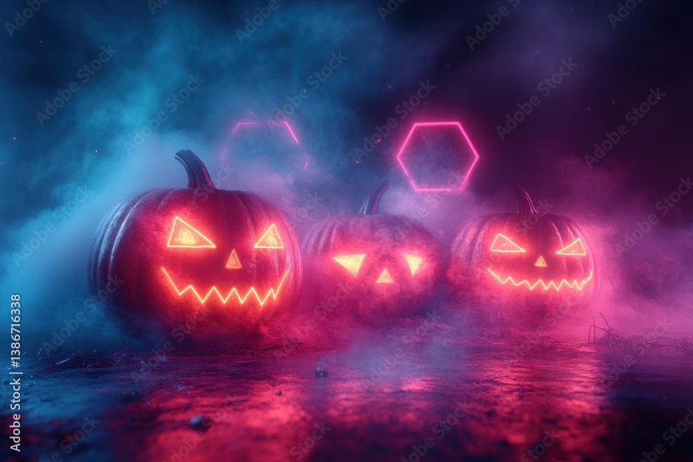 Naklejka premium Halloween Pumpkins with Neon Light on Dark Background 3D Render