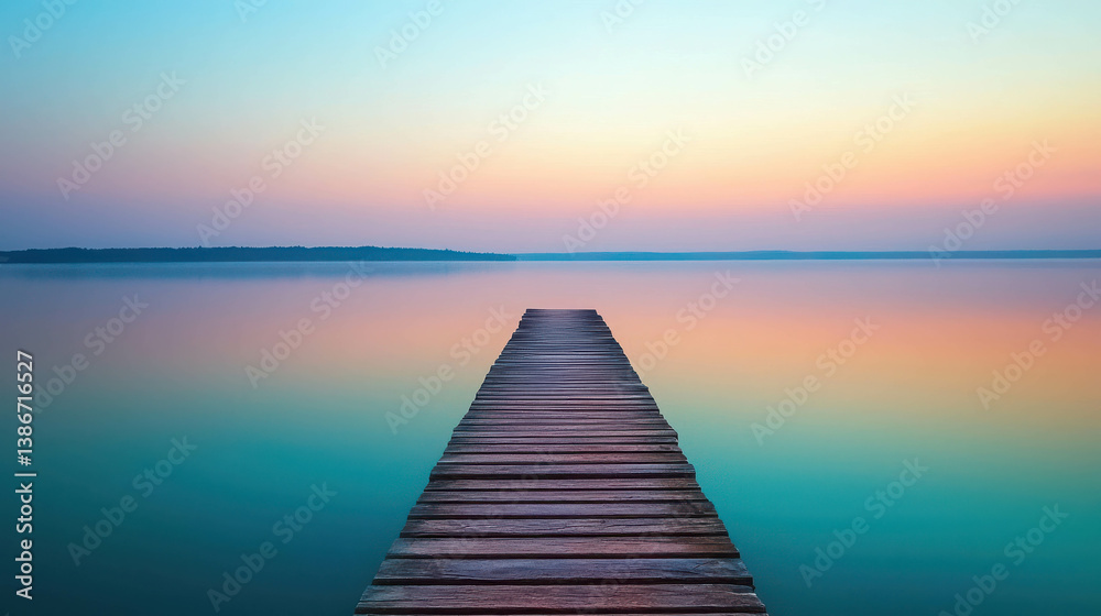 Fototapeta premium Serene Sunset Over Calm Water with Wooden Dock Leading to Tranquil Horizon View