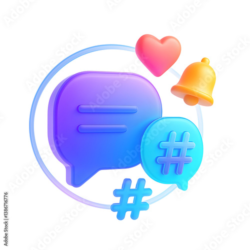 3D social media hashtag PNG icon isolated on transparent background – notification, heart, chat and tag symbols for engagement.
