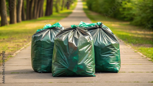 Conceptual image for World Environment Day. Three green compostable trash bags filled with waste on park pathway outdoors.
