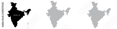 India detailed silhouette map, dotted pattern and slanted parallel lines pattern. Indian textured stylized map. Vector illustration isolated on white.