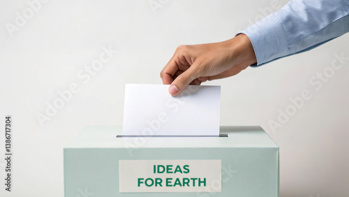 Conceptual image for World Environment Day. Hand inserting paper into suggestion box labeled Ideas for Earth.