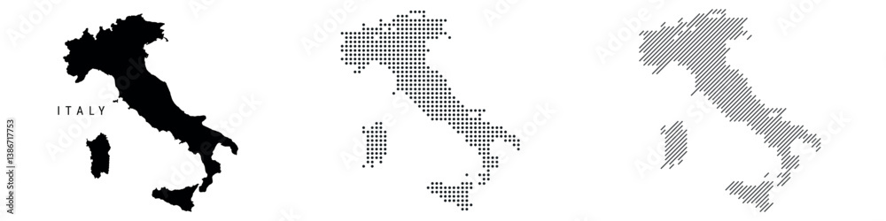 Italy detailed silhouette map, dotted pattern and slanted parallel lines pattern. Italian textured stylized map. Vector illustration isolated on white.