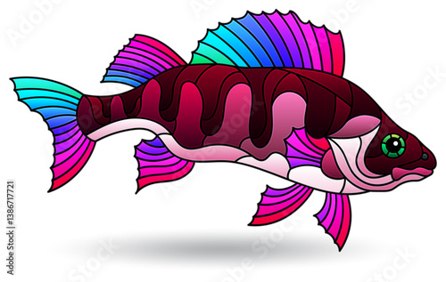 Illustration in stained glass style with river basse, fish isolated on a white background